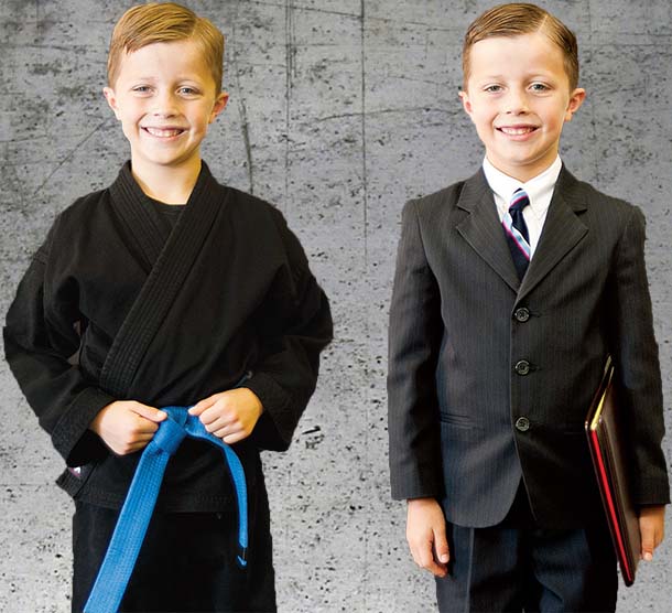 Two boys dressed in ninja outfit and suit